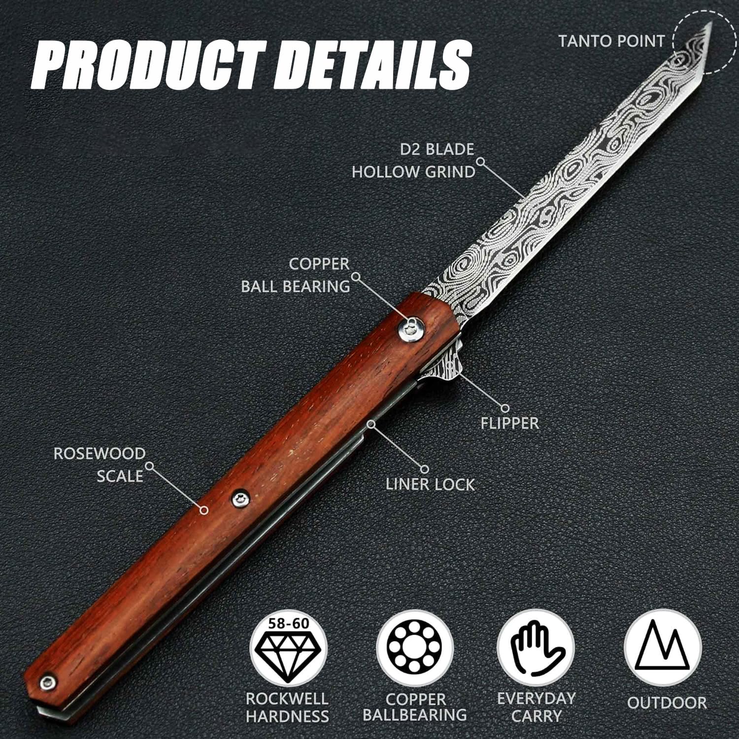 Carimee Pocket Knife 3.8", Slim Gentlemen`s EDC outdoor tool knife, HC Stainless Japanese style Blade, Wooden Handle, with Leather Sheath, 2024 Gifts for Men and Women