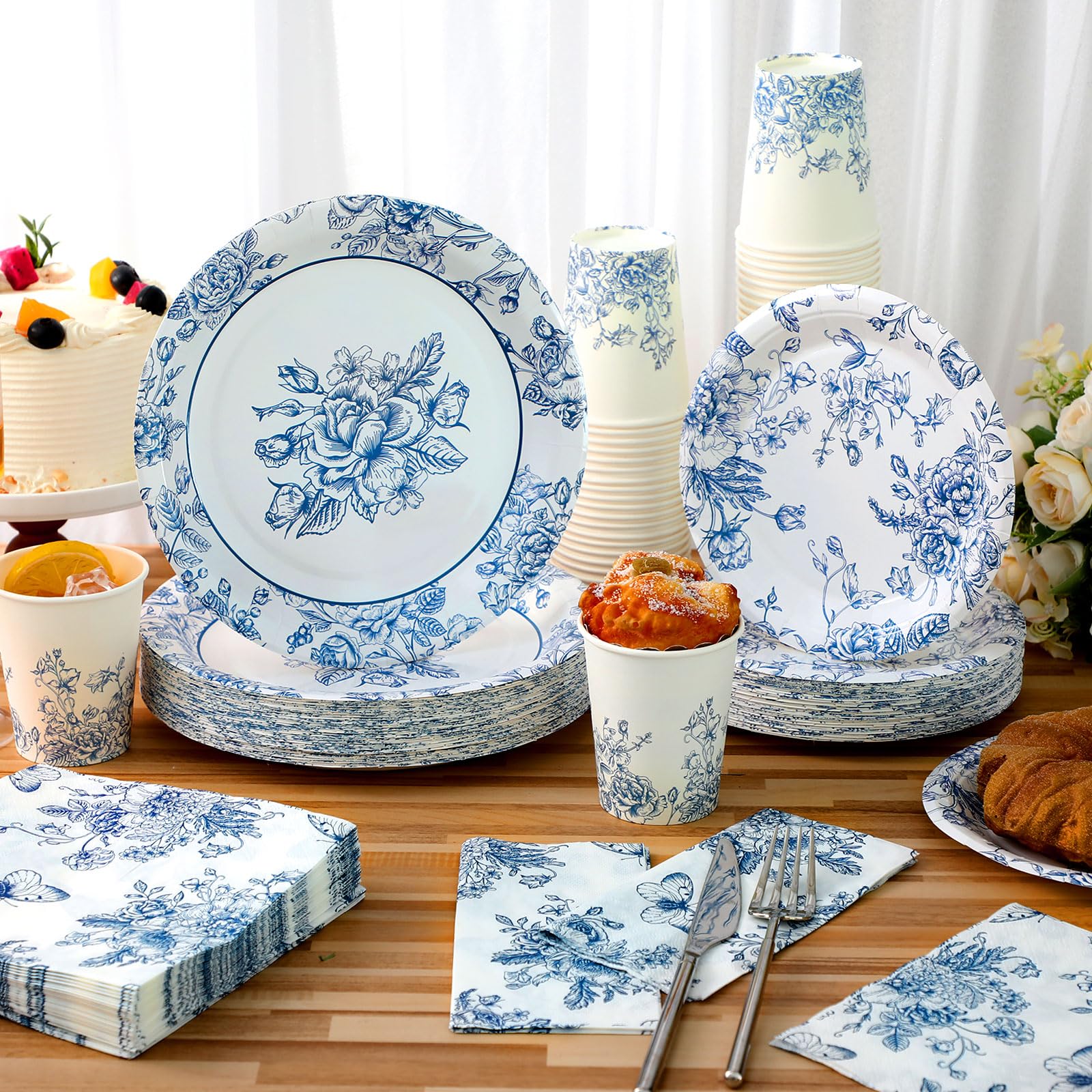 Nitial 200 Piece Blue and White Flower Disposable Tableware Set Serves 50 Guests Floral Paper Plates and Napkins Cups for Bridal Shower Birthday Party Supplies