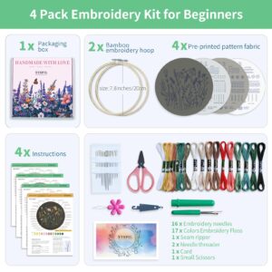 ETSPIL 4 Pack Embroidery Kit for Beginners & Adults Learn 33 Stitch Techniques with Floral Patterns, Complete DIY Kit with Hoop, Color Threads, Tools, Easy Instructions & Video-Great for Gifting