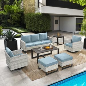 HUMMUH 7 Piece Patio Furniture Set Outdoor Sectional Sofa,High Back Patio Swivel Glider Chairs with Ottomans Coffee Table for Porch,Garden,Backyard…