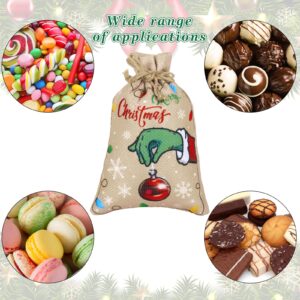 AnyDesign Christmas Burlap Gift Drawstring Bags Funny Cartoon Character Candy Bags 4 x 6 Inch Small Linen Goody Bags Xmas Party Favors Supplies, 18Pcs