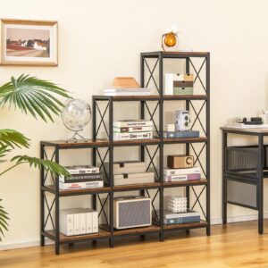 Tangkula 9 Cubes Bookshelf, 5-Tier Stepped Bookcase w/Carbon Steel Frame, Anti-Tipping Kits & Adjustable Foot Pads, 12 Shelves Storage Open Display Shelf for Home Office (9-Cube, Brown)