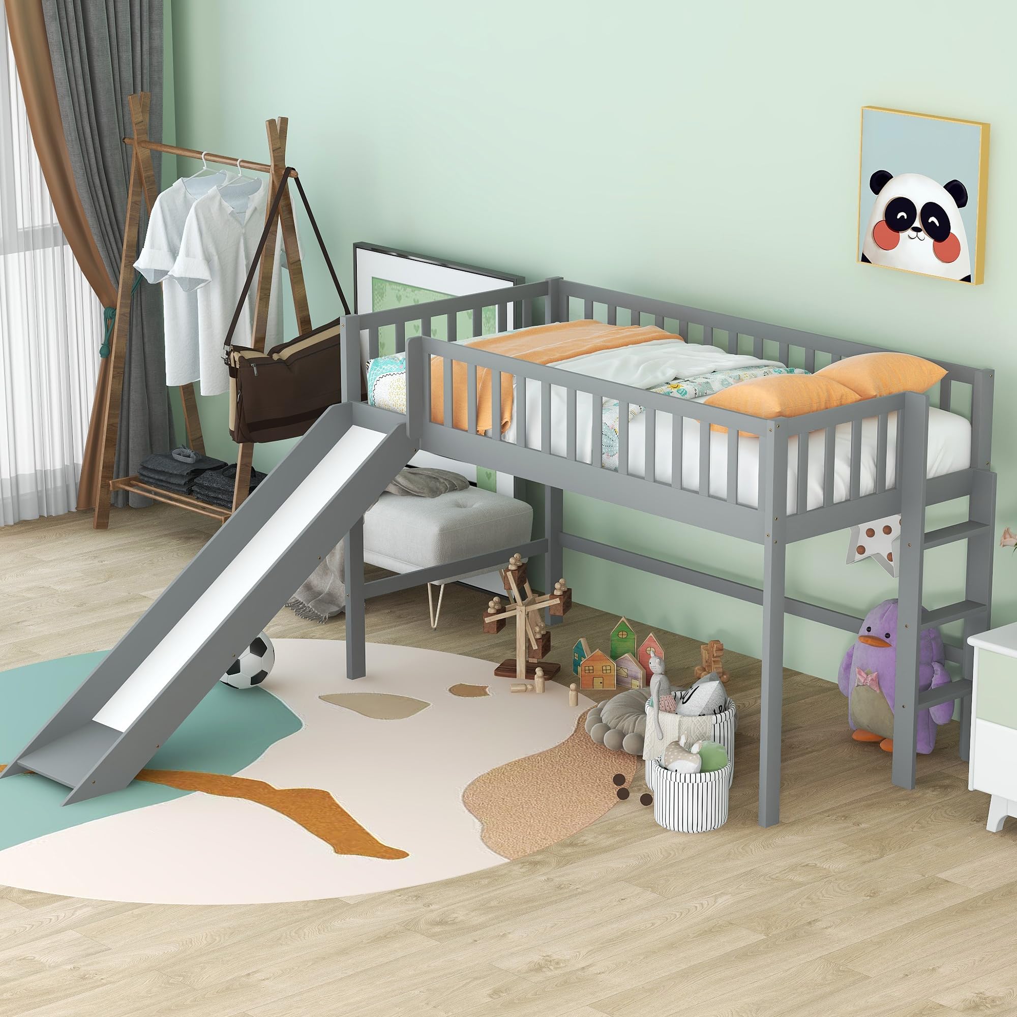 Bellemave Twin Size Loft Bed for Kids,Low Loft Bed with Slide and Ladder,Wood Loft Bed Twin for Girls Boys,Grey