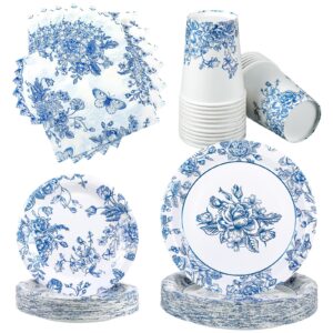 Nitial 200 Piece Blue and White Flower Disposable Tableware Set Serves 50 Guests Floral Paper Plates and Napkins Cups for Bridal Shower Birthday Party Supplies