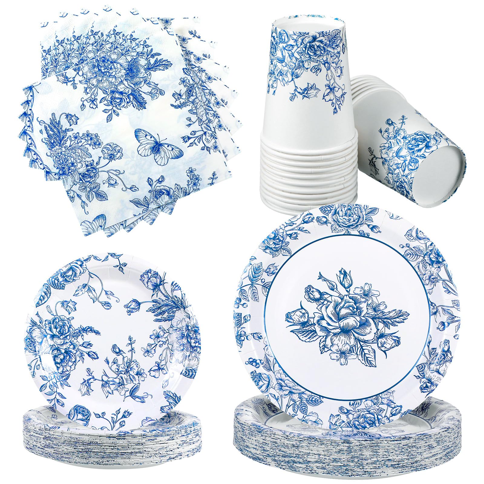 Nitial 200 Piece Blue and White Flower Disposable Tableware Set Serves 50 Guests Floral Paper Plates and Napkins Cups for Bridal Shower Birthday Party Supplies