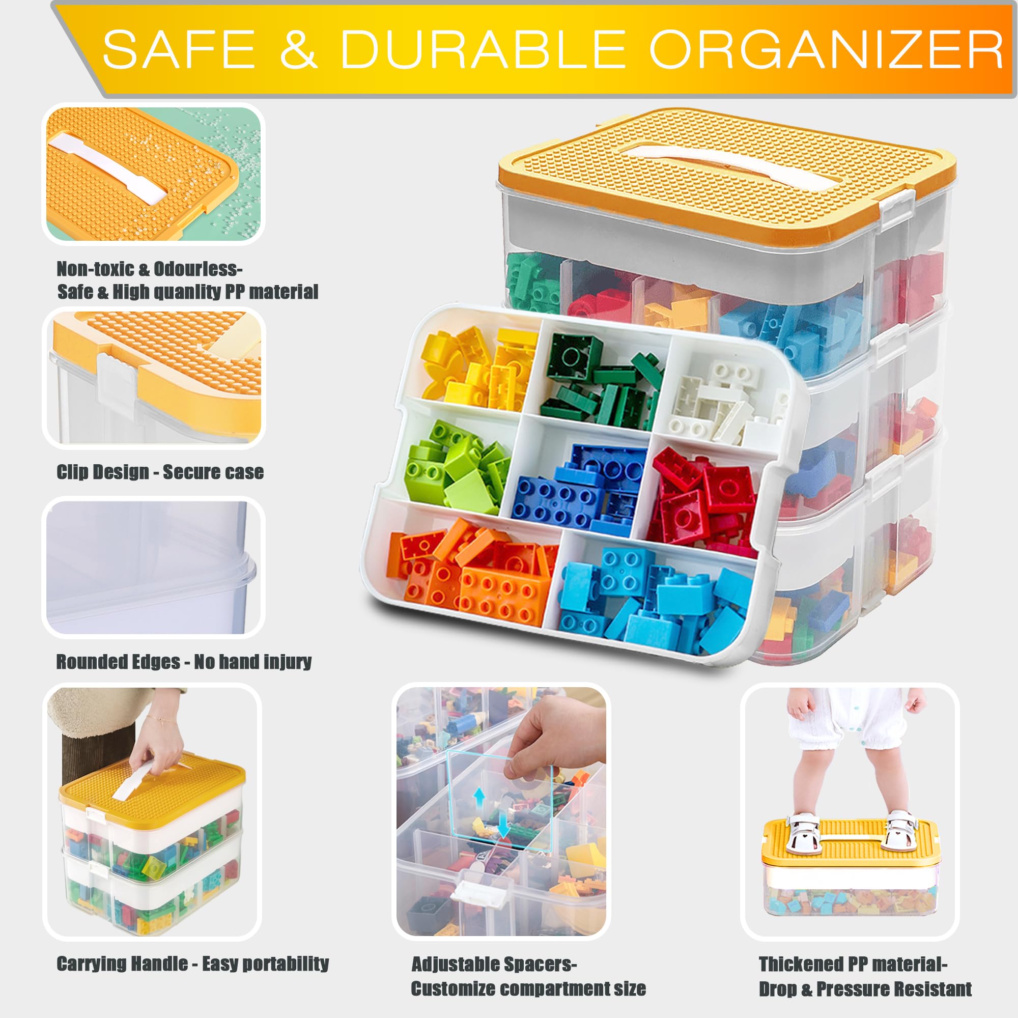 Kids Toy Organizer for Lego Stackable Storage Compartments Bins With Base Plates Lids 3 Tiers Clear Building Bricks Board Game Puzzle Boxes Plastic Craft Sorting Separator Travel Chest Case