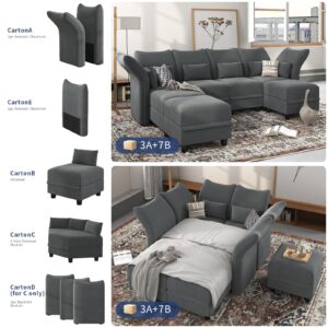 LLappuil Sectional Couch Convertible Oversize U Shaped Modular Sectional Sofa with Storage Easy Clean Anti-Scratch 14 Seat Velvet Sectional for Living Room, Grey