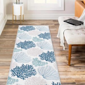 Coastal Runner Rug Beach Hallway Rugs Non-Slip Nautical Coral Machine Washable Rugs Modern Floor Carpet for Kitchen Bathroom Laundry Bedroom Living Room, 2x6