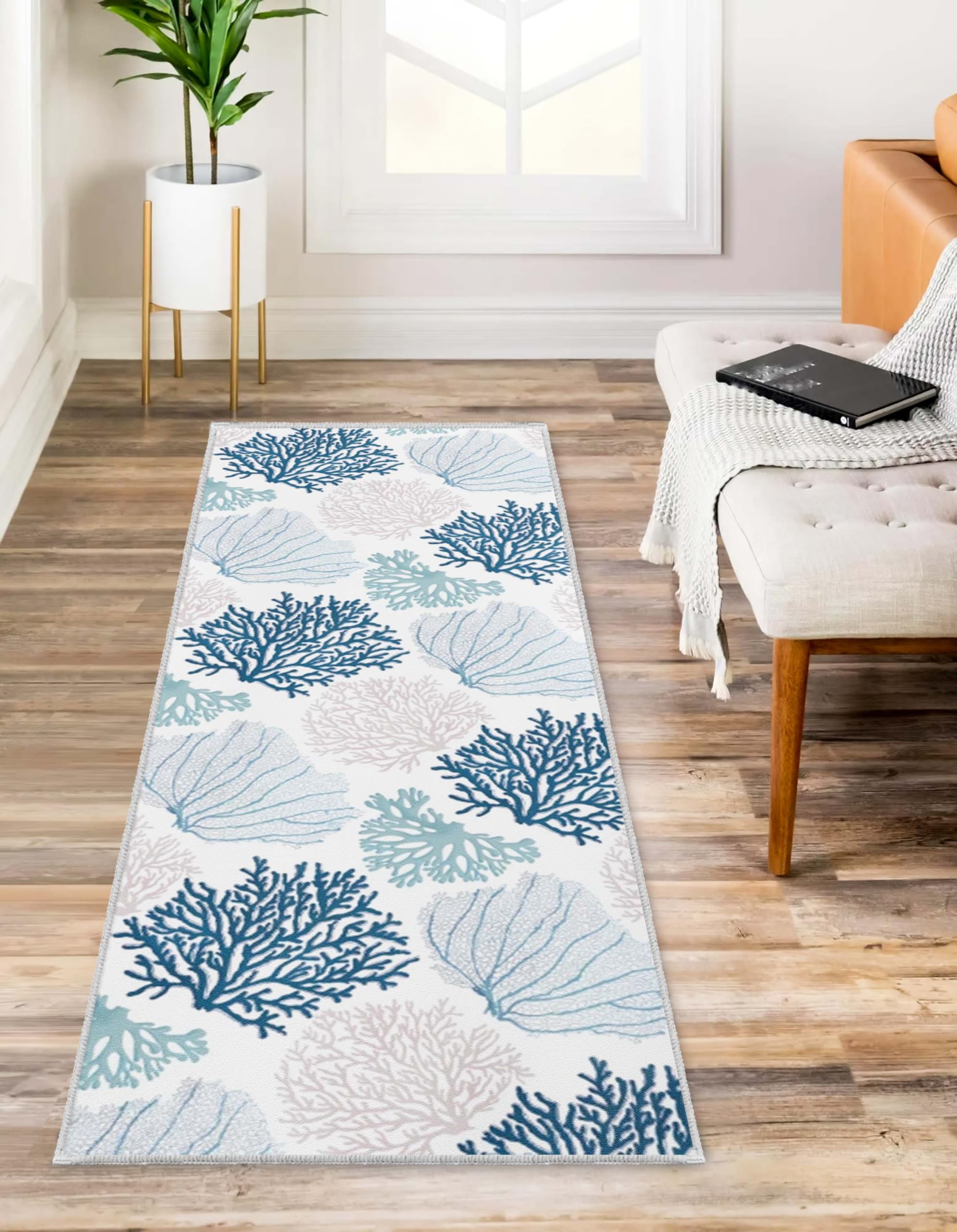 Coastal Runner Rug Beach Hallway Rugs Non-Slip Nautical Coral Machine Washable Rugs Modern Floor Carpet for Kitchen Bathroom Laundry Bedroom Living Room, 2x6