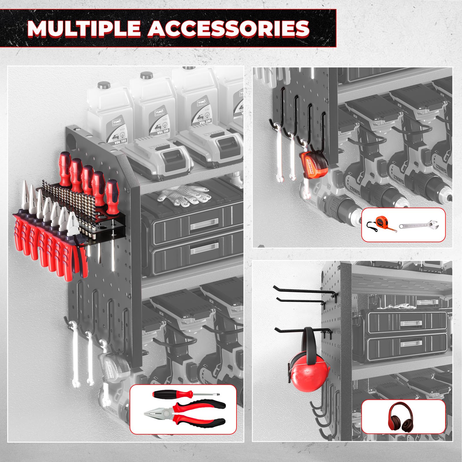 KAFAHOM Power Tool Organizer with Charging Station, Built in 8 Outlet Power Strip, Large 8 Drill Holder Wall Mount, Heavy Duty Metal Power Tool Storage Rack Tool Shelf for Garage Organization Red