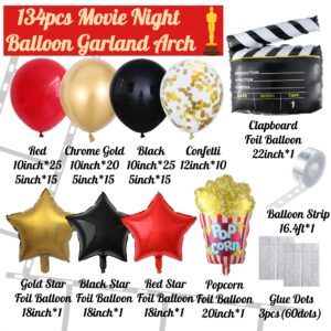 Enanal Movie Night Balloon Garland Arch Kit, 134pcs Black Red Chrome Gold Balloon with Clapboard Popcorn Foil Balloons for Movie Theater Film Party Decoration Birthday Bridal Shower Backdrop (Movie)