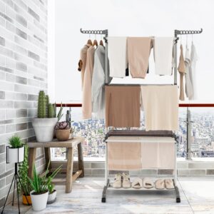 Moccha 4-Tier Clothes Drying Rack, Folding Drying Rack w/ 4 Wheels, 24 Drying Poles & 2 Rotatable Side Wings for Clothes, Portable Clothing Drying Rack for Laundry, Laundry Bag, Grey