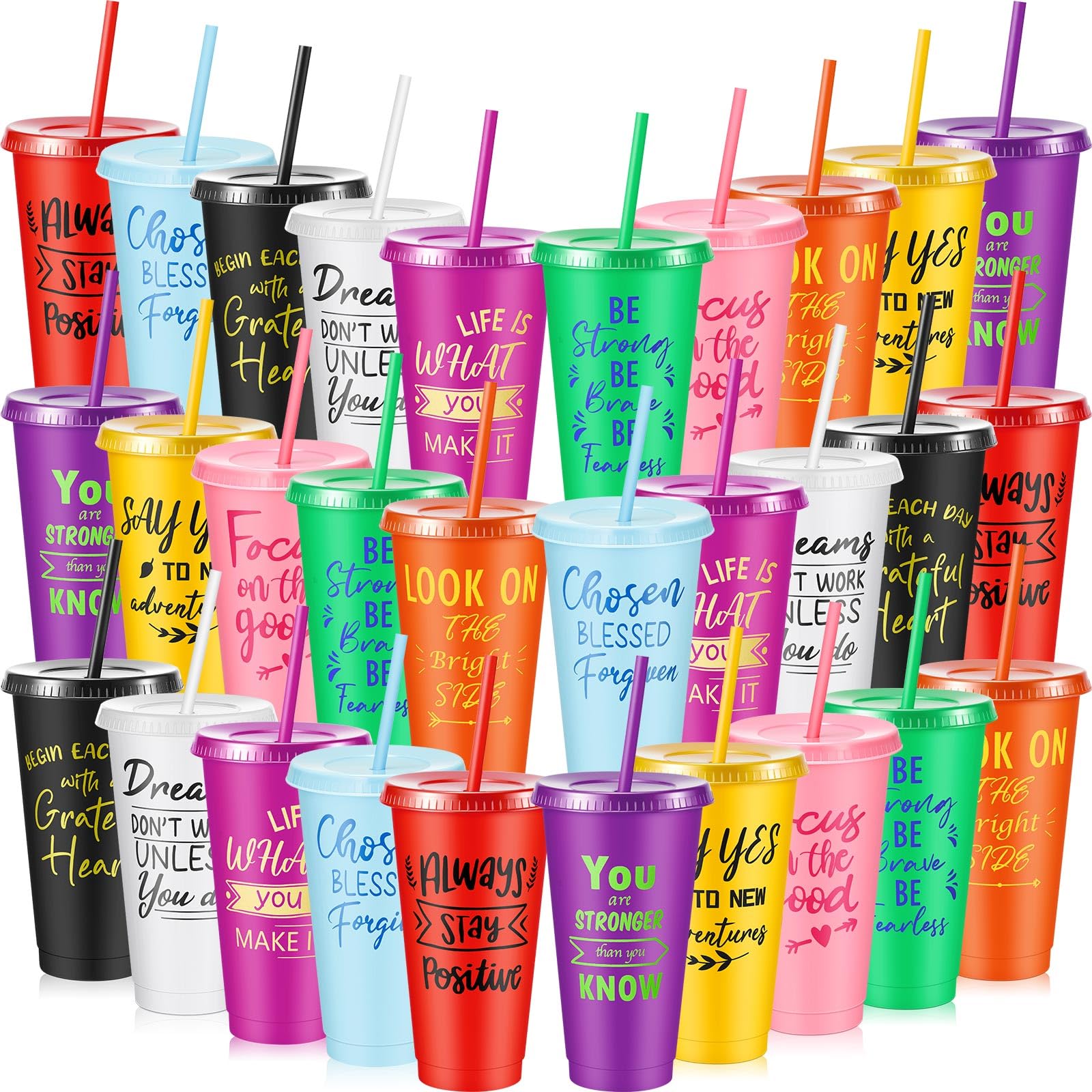 Uiifan 30 Pcs Bulk Appreciation Gifts for Employee Staffs Coworkers 24oz Inspirational Plastic Tumbler with Lid and Straw Reusable Plastic Cups Office School Classroom Christmas Gift (Bright Color)