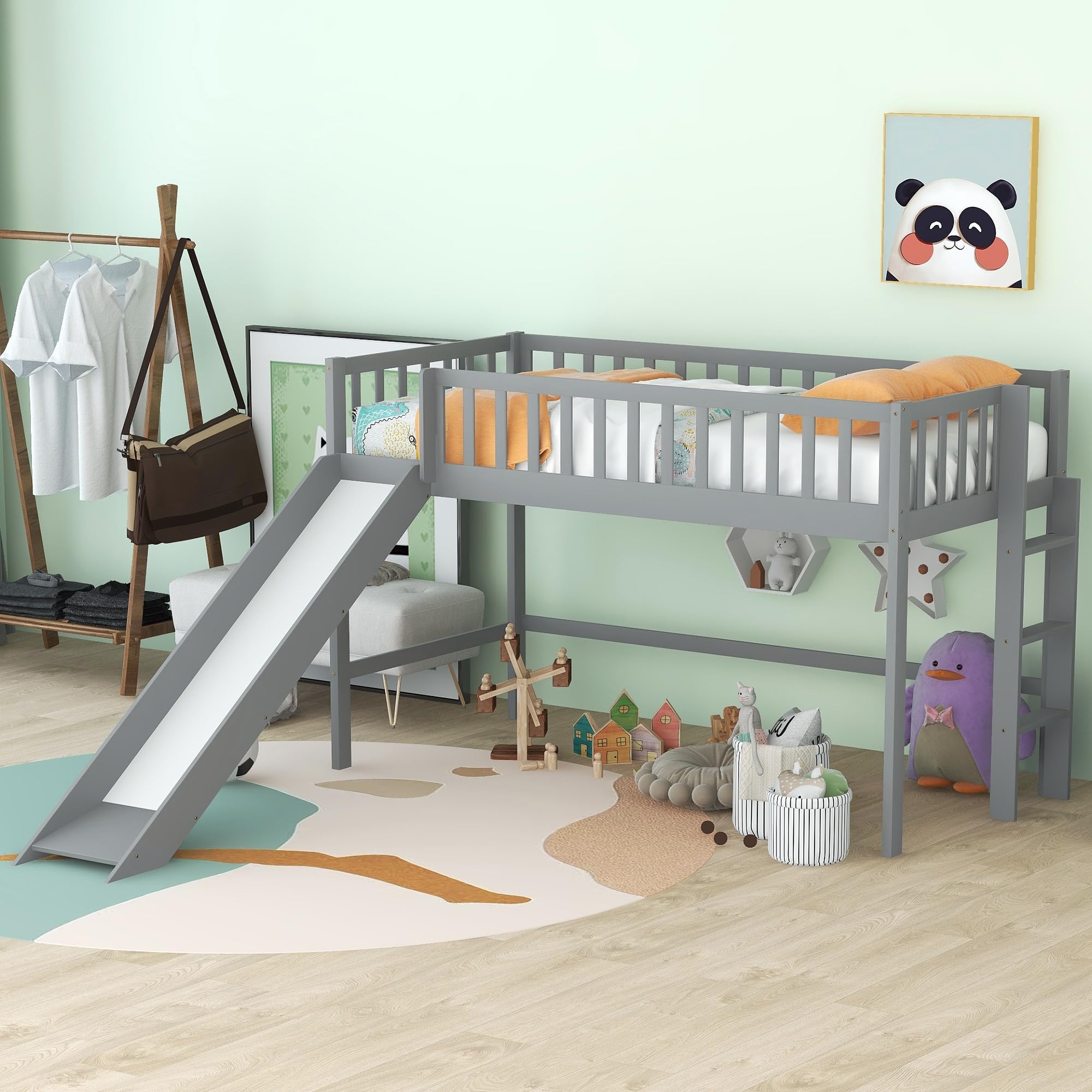 Bellemave Twin Size Loft Bed for Kids,Low Loft Bed with Slide and Ladder,Wood Loft Bed Twin for Girls Boys,Grey