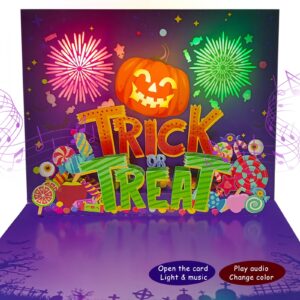 dtesl 3d pop up trick or treat pumpkin halloween card, with light and music, for kids, friend, boyfriend, girlfriend, husband, him, women - skull, ghost, envelope