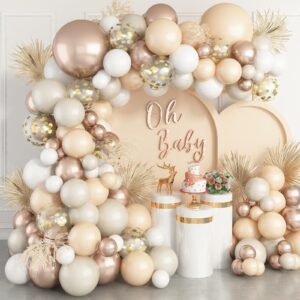 boho balloon arch beige balloon garland kit, 113 packs neutral white sand balloon nude cream peach balloon and metallic champagne balloons for baby bridal shower girl birthday wedding decorations