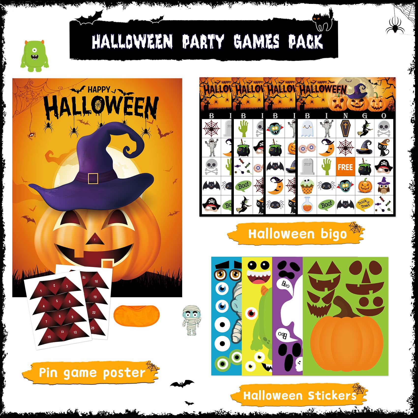 MISS FANTASY Halloween Games - 3 in 1 Halloween Party Games Include Halloween Bingo Game Halloween Pin Game Halloween Stickers Halloween Party Favors Supplies for Kids Children Activities