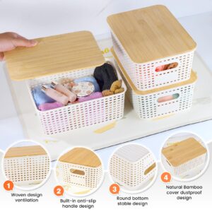 Plastic Storage Baskets With Bamboo Lid - Plastic Storage Containers Stackable Storage bins: Storage Baskets for Organizing Shelves Drawers Desktop Closet Playroom Classroom Office, 6 Pack