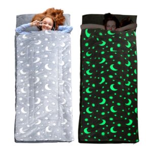 hombys glow in the dark sleeping bags for 10~12 years old kids, 84"x30" soft kids nap mat with pillow and blanket for daycare school, grey travel sleep bag for childern girls boys truck travel camping