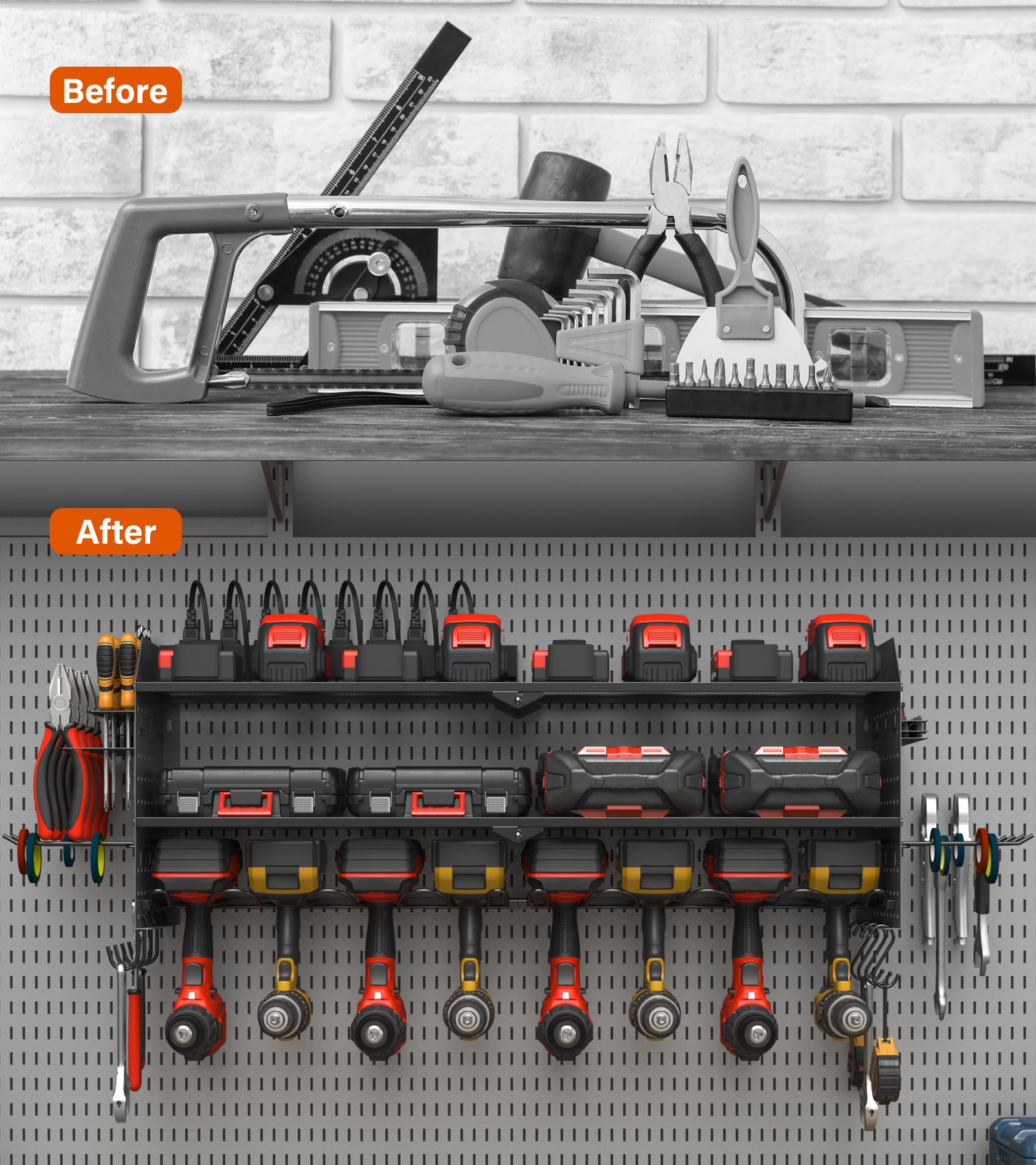 JUNNUJ Large Pegboard Power Tool Organizer with Charging Station, 8 Drills Driver and Tools Battery Holder Wall Mount with 8 Outlet Power Strip, Black 3-Layer Shop Garage Storage Utility Rack