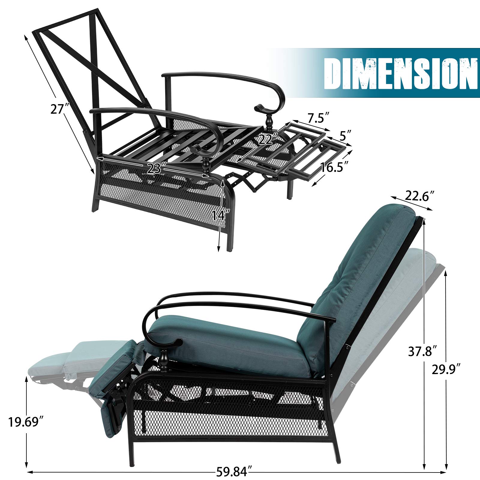 SUNCROWN Outdoor Recliner Chair Patio Adjustable Relaxing Chair Outdoor Metal Furniture Chair with Thick Cushion(Peacock Blue)