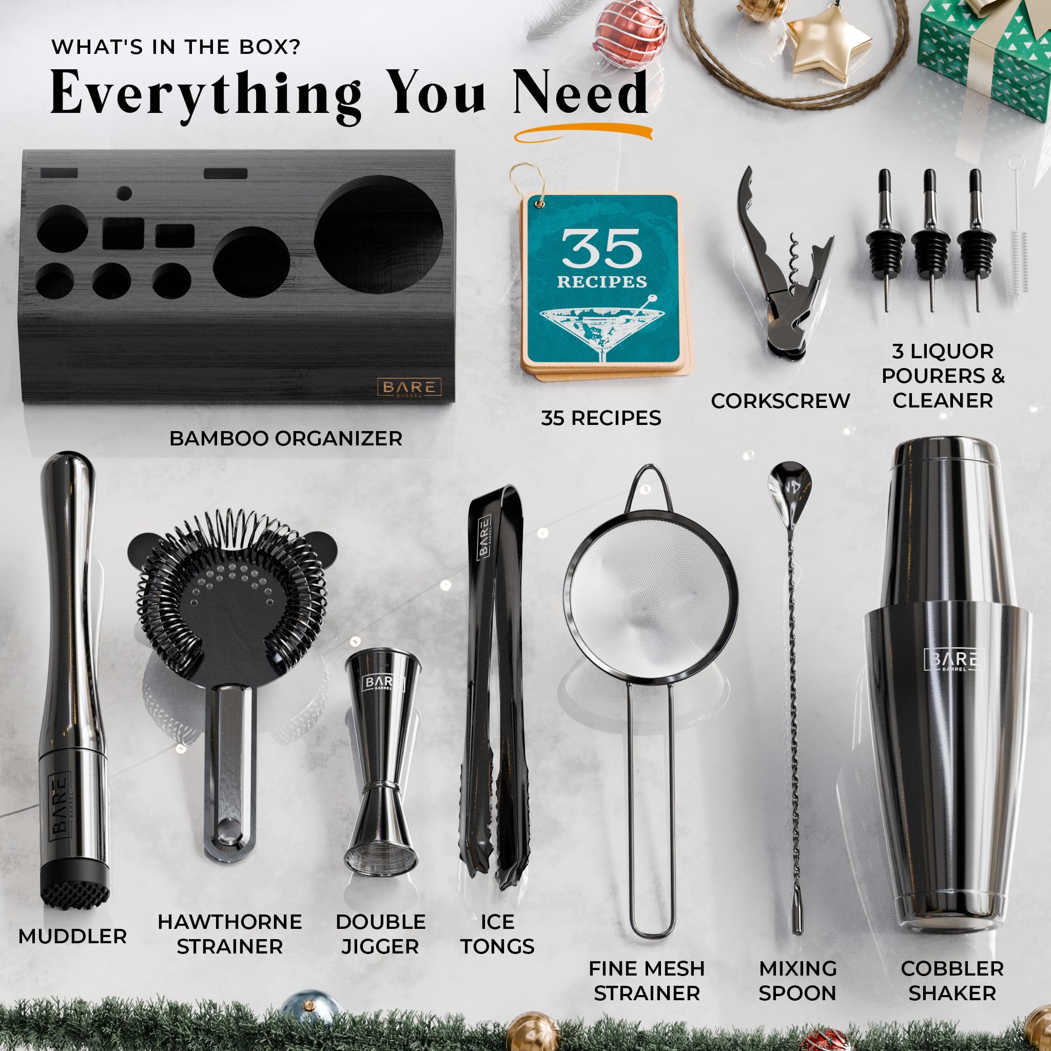 BARE BARREL® Mixology Bartender Kit Bar Set | 14-Piece Cocktail Shaker Set | Martini Barware Mixing Tools for Home Bartending | Incl. 35 Recipe Cards | Gift Set (28oz Boston Shaker, Jet Black/Black)