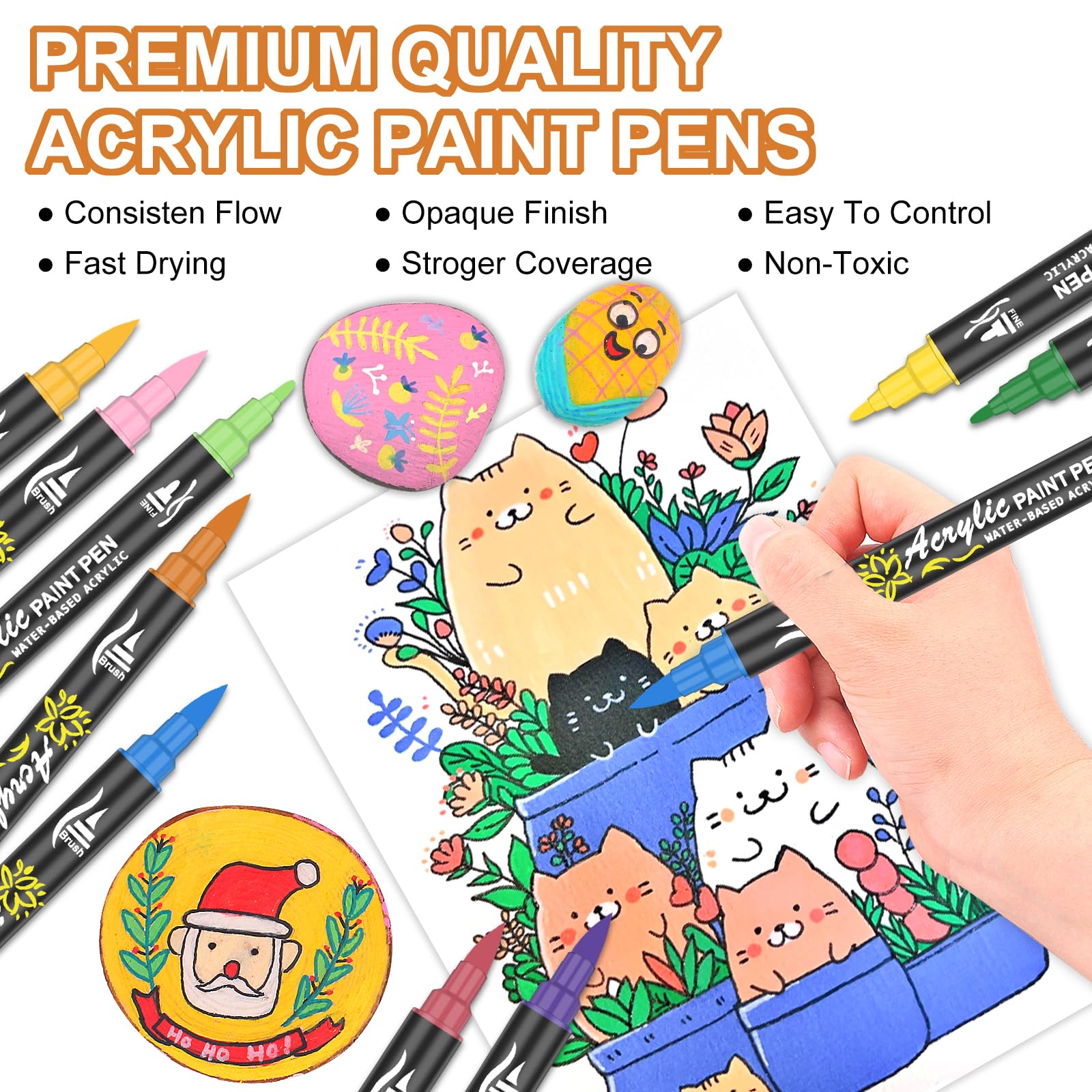 Oficrafted 60 Colors Dual Tip Acrylic Paint Pens, Premium Acrylic Paint Markers with Brush and Fine Tip, Paint Pens and Paint Markers for Rock Painting, Wood, Canvas, Glass & Ceramic Surfaces