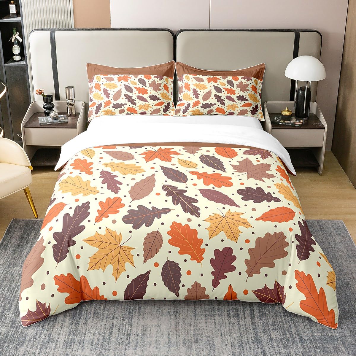 Watercolor Leaves 100% Natural Cotton Duvet Cover Queen Size Cartoon Fall Leaves Rustic Style Comforter Cover with 2 Pillowcases Brown Grid Stripe Autumn Bedding Set 3 Pcs Bed Cover