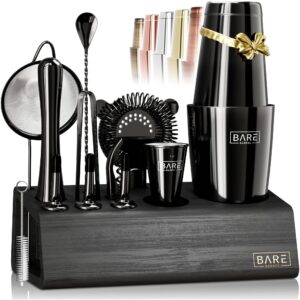 bare barrel® mixology bartender kit bar set | 14-piece cocktail shaker set | martini barware mixing tools for home bartending | incl. 35 recipe cards | gift set (28oz boston shaker, jet black/black)