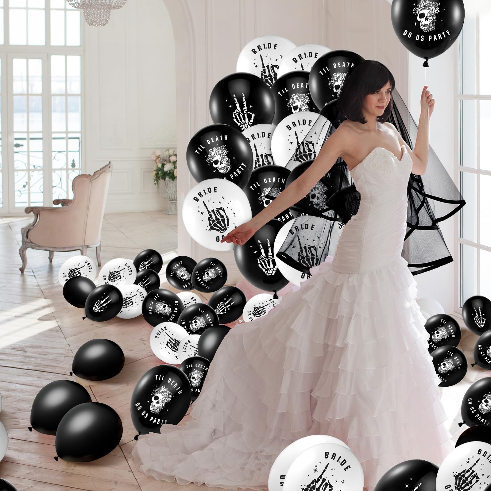 Norme 60 Pcs Bride or Die Latex Balloons Black Bachelorette Party Balloons Decorations Skull Till Death Do Us Party Black and White Balloon Decor for Engagement Bridal Shower Wedding Party Supplies