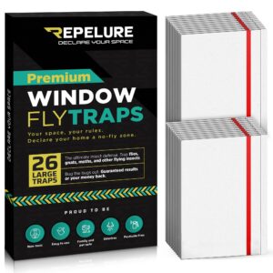 repelure window fly trap (26 pack) xl traps, indoor for home, sticky traps for flying bugs, insects, gnats, moths and fruit flies, non-toxic, waterproof, and odorless indoor adhesive glue paper,