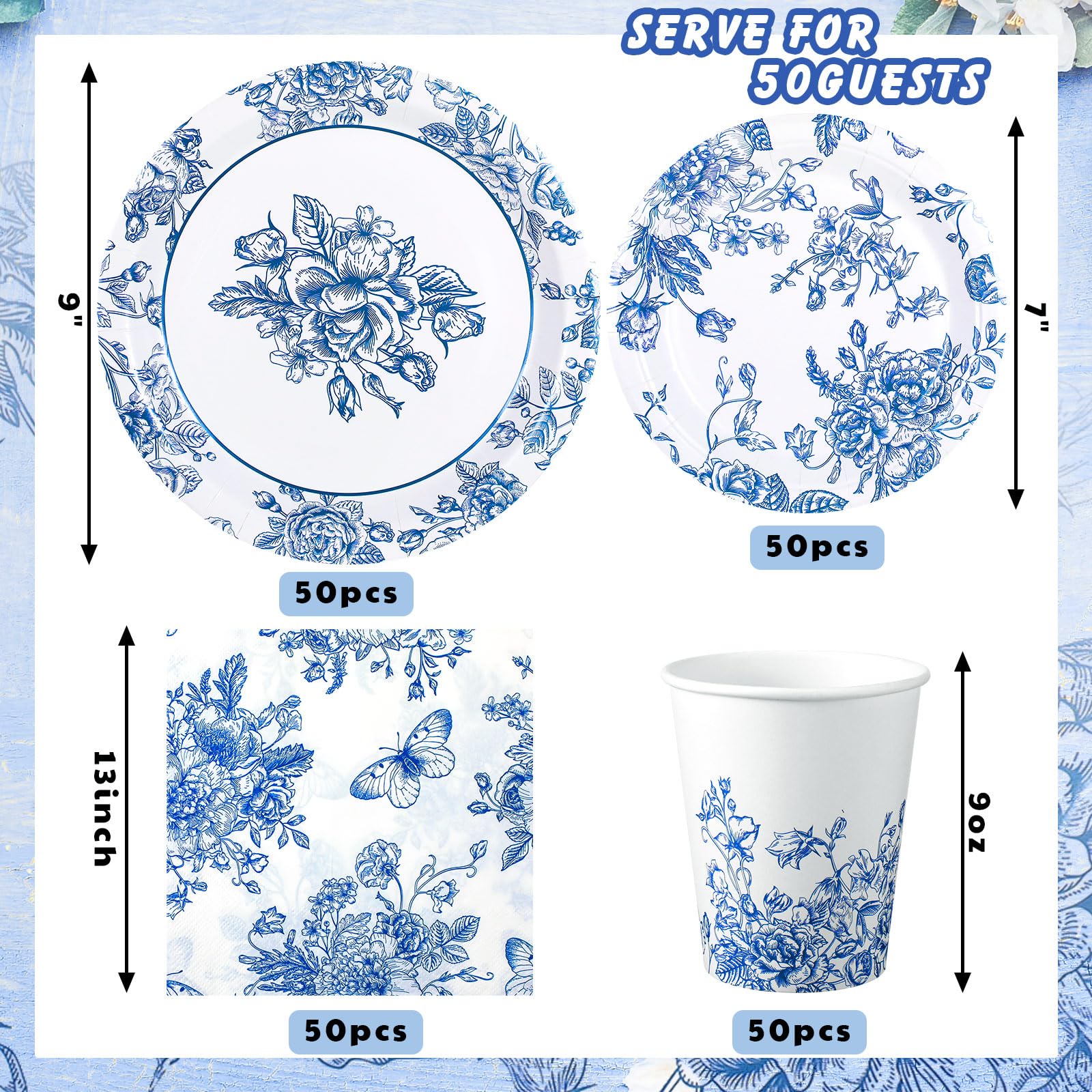 Nitial 200 Piece Blue and White Flower Disposable Tableware Set Serves 50 Guests Floral Paper Plates and Napkins Cups for Bridal Shower Birthday Party Supplies