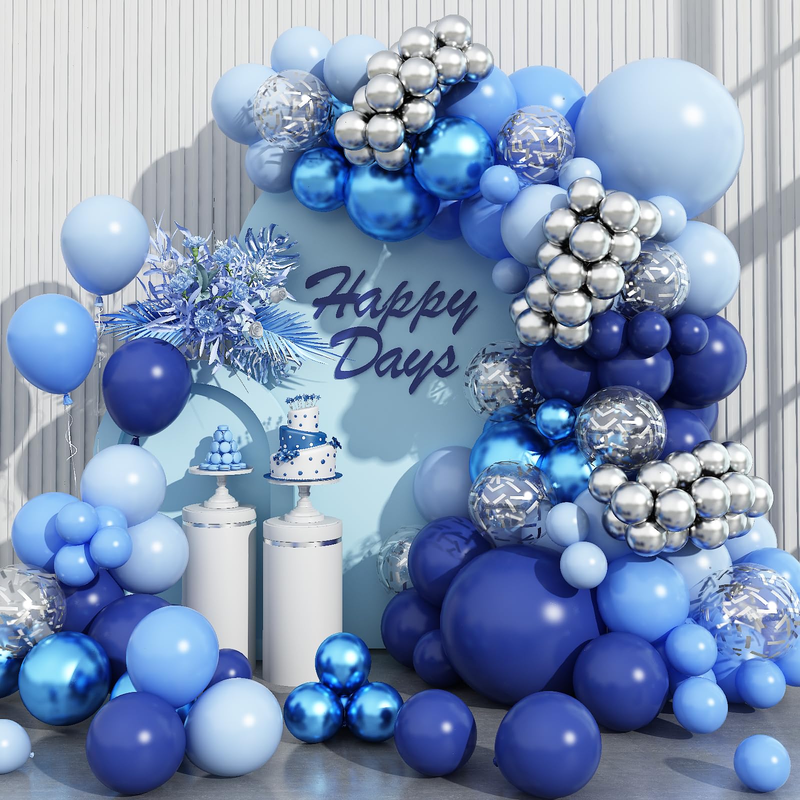 Blue Silver Balloon Garland Arch Kit, 117 Packs Metallic Blue Silver Confetti Latex Balloons 18 12 10 5 Inch for Baby Shower Birthday Wedding Graduation Anniversary Bridal Shower Party Decorations