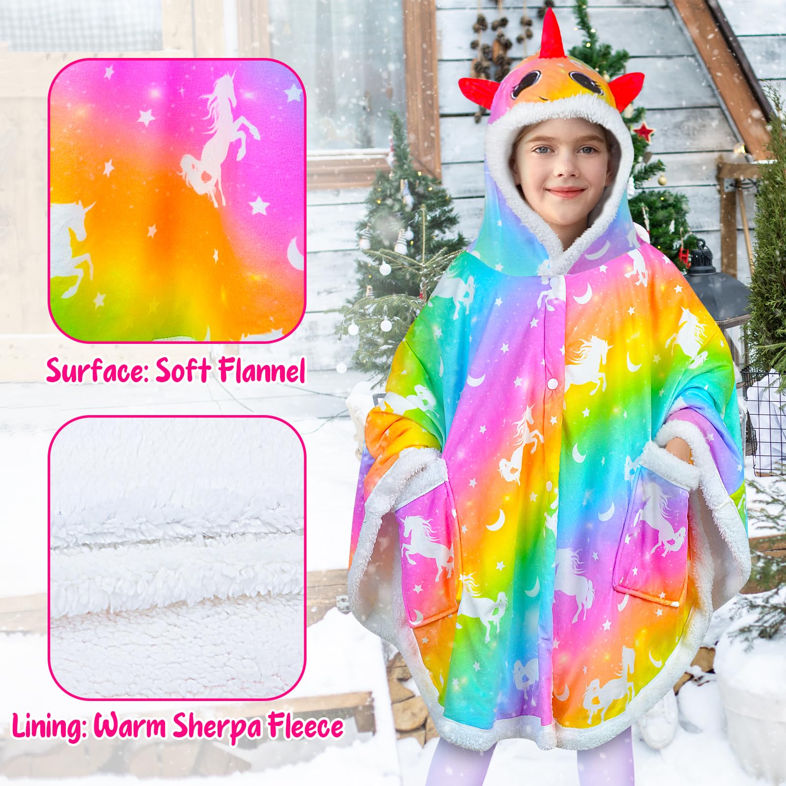 Nidoul Kids Wearable Blanket Hoodie, Unicorn Cape Cloaks with 3D Ears Winter Fleece Baggy Poncho for Girls Christmas Party