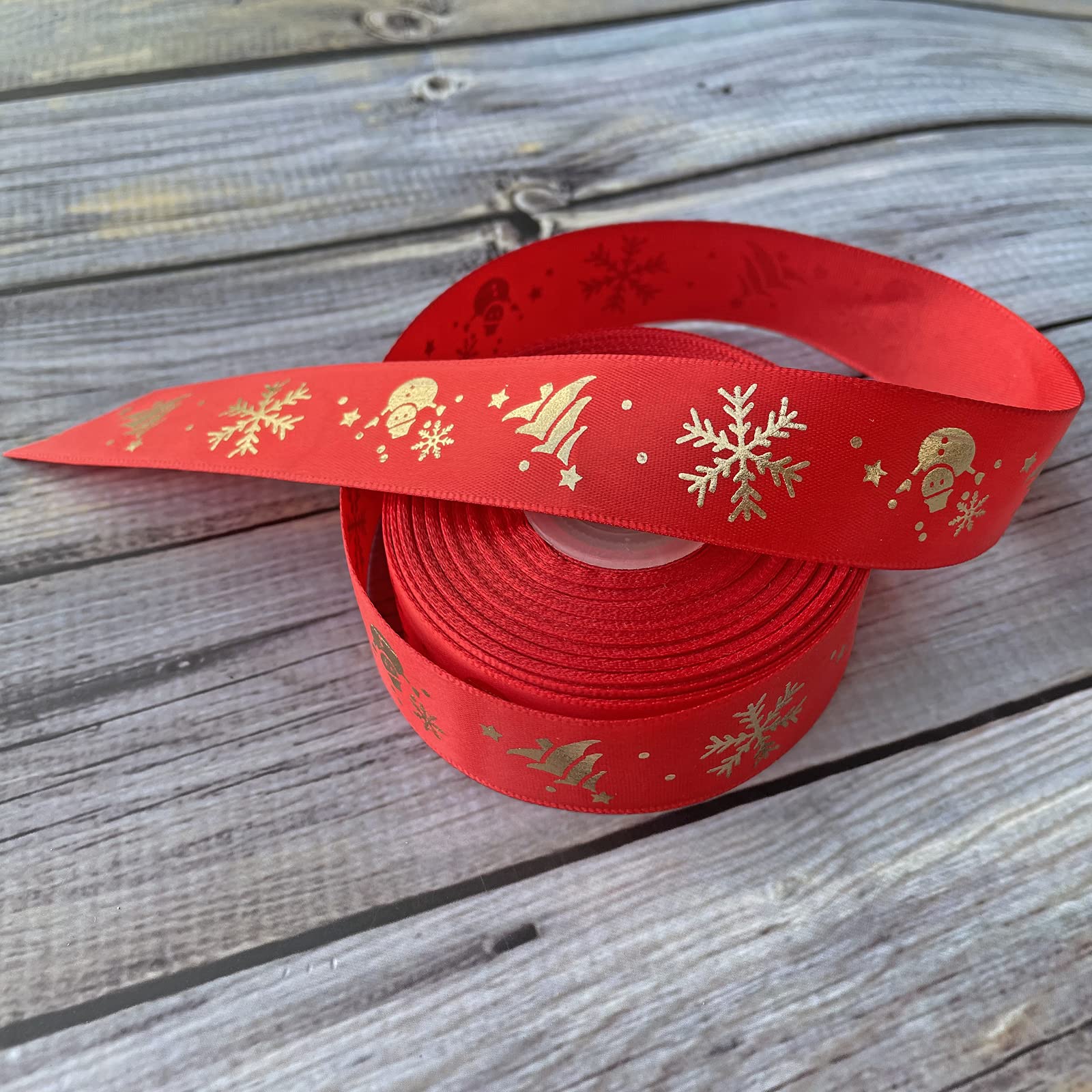 CUISANHOUSE 25Y Christmas Ribbon Satin, 1 inch Wide Printed Ribbons with Golden Christmas Tree Snowman Snowflakes, Merry Christmas Ribbon for Kids Gift Packaging Wrapping Craft Decoration (Red)