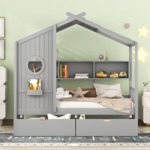 Modern Wooden Twin Size Kids House Bed with 2 Drawers and Storage Shelf,for Kids Boys Girls Teens Bedroom Use (Twin, Gray@Shelf/)