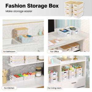 Plastic Storage Baskets With Bamboo Lid - Plastic Storage Containers Stackable Storage bins: Storage Baskets for Organizing Shelves Drawers Desktop Closet Playroom Classroom Office, 6 Pack