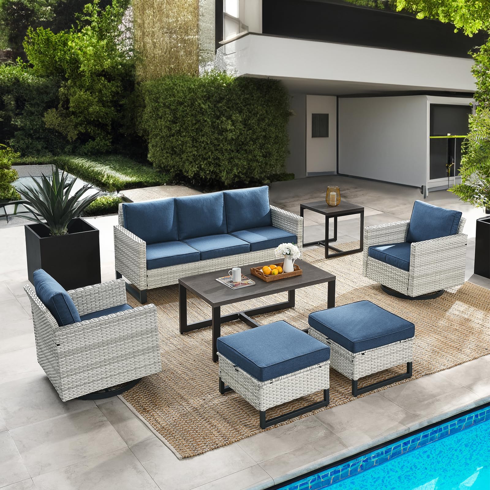 HUMMUH 7 Piece Patio Furniture Set Outdoor Sectional Sofa,High Back Patio Swivel Glider Chairs with Ottomans Coffee Table for Porch,Garden,Backyard…