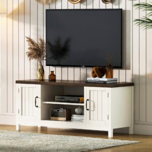 choochoo farmhouse tv stand, wood grooved door entertainment center with storage cabinets and open shelves, rustic media console up to 55 inches for living room, bedroom, white