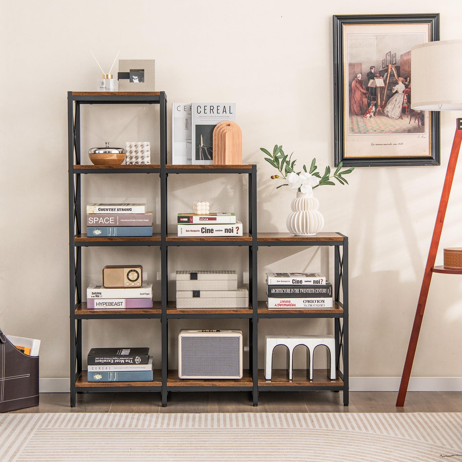 Tangkula 9 Cubes Bookshelf, 5-Tier Stepped Bookcase w/Carbon Steel Frame, Anti-Tipping Kits & Adjustable Foot Pads, 12 Shelves Storage Open Display Shelf for Home Office (9-Cube, Brown)