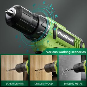 PULITUO Cordless Drill Set - 20V Electric Power Drill with Battery and Charger, 30N Torque, 21+1 Torque Settings, 2 Variable Speeds, includes a 43-pcs Drill Driver Bits Kit and Screws Set (Green)