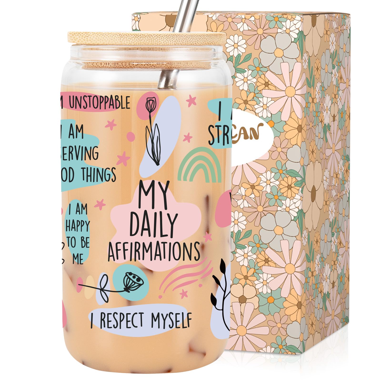 LEADO My Daily Affirmations Cups, 16 oz Glass Cups with Lids and Straws - Mental Health Gifts, Mindfulness Gifts, Inspirational Gifts for Women, Christmas, Birthday Gifts for Female Friends