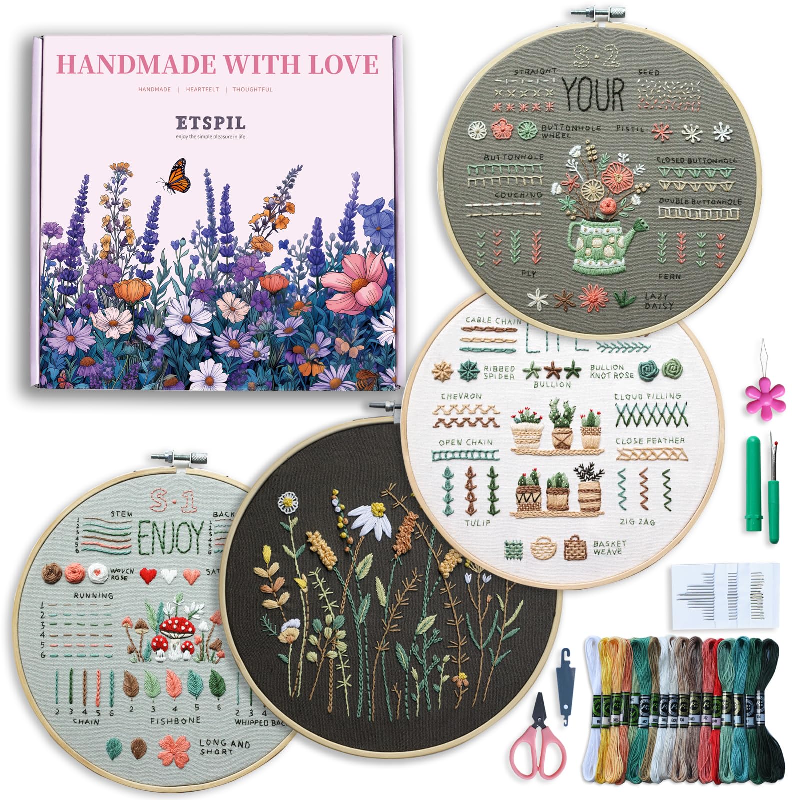 ETSPIL 4 Pack Embroidery Kit for Beginners & Adults Learn 33 Stitch Techniques with Floral Patterns, Complete DIY Kit with Hoop, Color Threads, Tools, Easy Instructions & Video-Great for Gifting