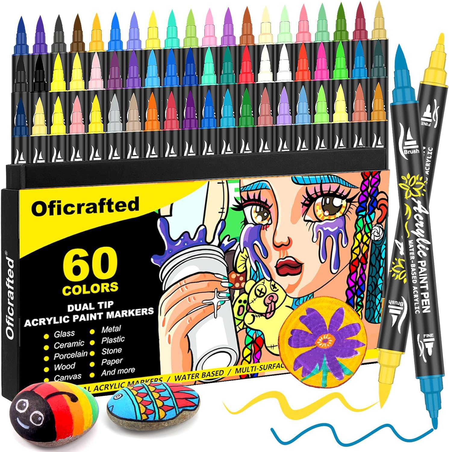 Oficrafted 60 Colors Dual Tip Acrylic Paint Pens, Premium Acrylic Paint Markers with Brush and Fine Tip, Paint Pens and Paint Markers for Rock Painting, Wood, Canvas, Glass & Ceramic Surfaces