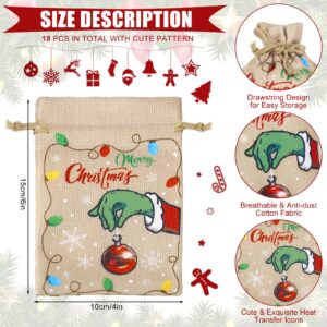 AnyDesign Christmas Burlap Gift Drawstring Bags Funny Cartoon Character Candy Bags 4 x 6 Inch Small Linen Goody Bags Xmas Party Favors Supplies, 18Pcs