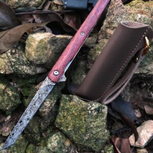 Carimee Pocket Knife 3.8", Slim Gentlemen`s EDC outdoor tool knife, HC Stainless Japanese style Blade, Wooden Handle, with Leather Sheath, 2024 Gifts for Men and Women