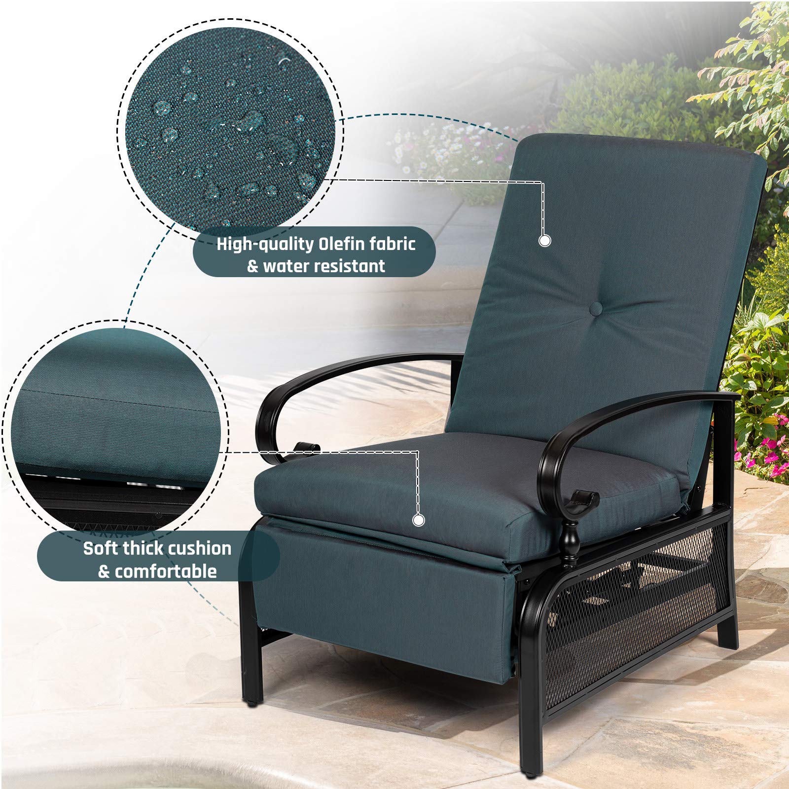 SUNCROWN Outdoor Recliner Chair Patio Adjustable Relaxing Chair Outdoor Metal Furniture Chair with Thick Cushion(Peacock Blue)