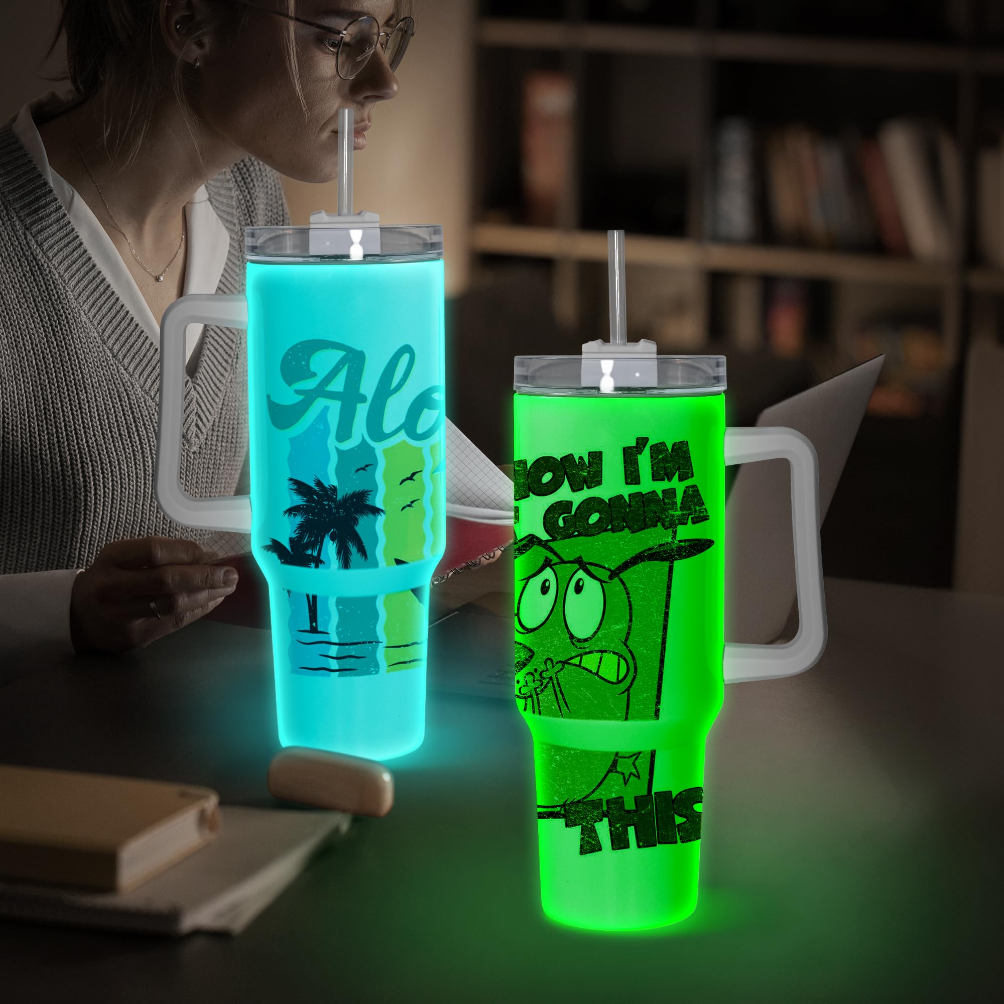 sweet grain 40 oz Sublimation Tumblers with Handle Glow In The Dark 4 Pack Luminous Stainless Steel Insulated Tumblers Blanks Straw and Lid for Hot & Cold Drinks