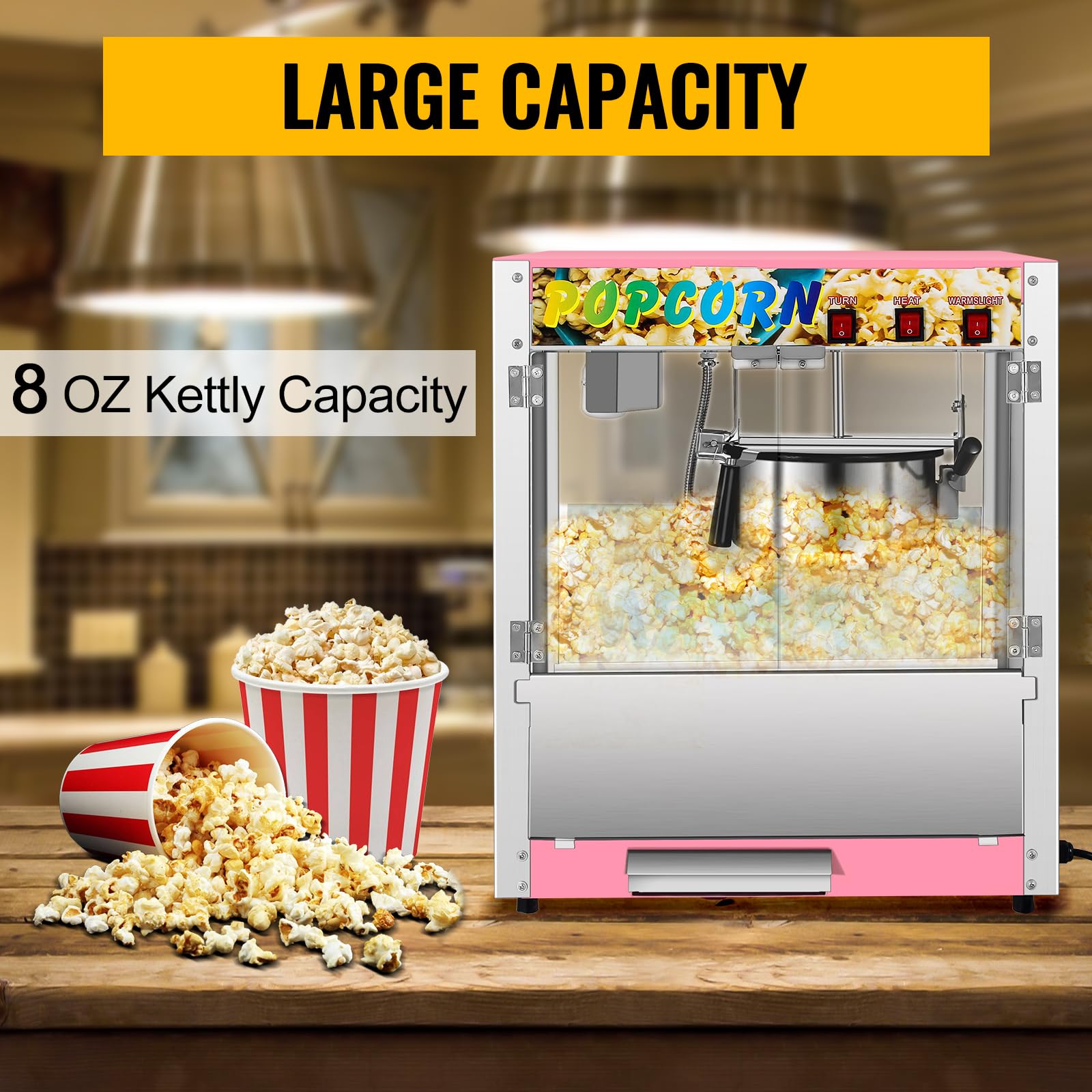 OUKIDR Popcorn Machine, Commercial Popcorn Machine With 8 Oz Kettle Makes Up To 48 Cups, Popcorn Machine Movie Theater Style With 3 Switch Control, Pink