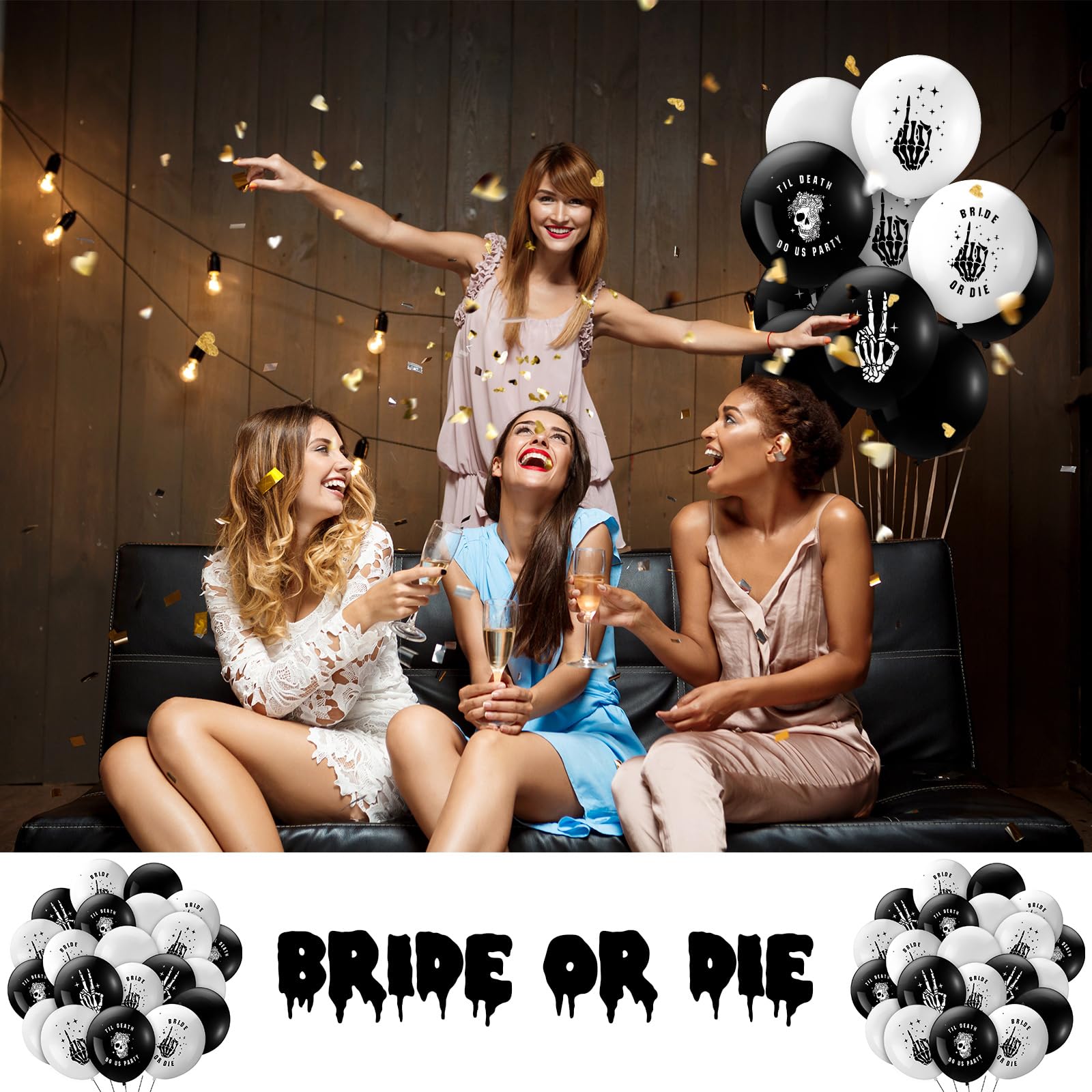 Norme 60 Pcs Bride or Die Latex Balloons Black Bachelorette Party Balloons Decorations Skull Till Death Do Us Party Black and White Balloon Decor for Engagement Bridal Shower Wedding Party Supplies